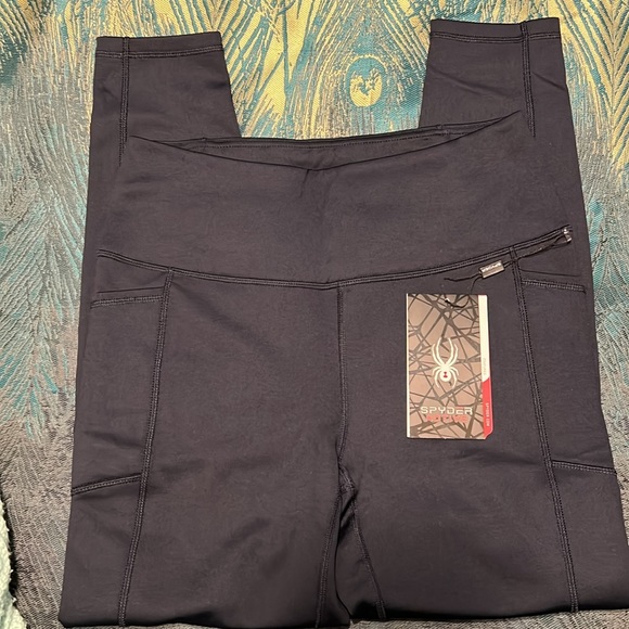 NWT Spyder Active Women's High Rise Tech Fleece Lined Navy Blue Leggings Sz L - Picture 3 of 8